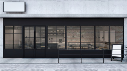 Front view Cafe shop & Restaurant design. Modern Loft counter steel black. Top counter concrete, 3D render