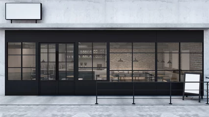 Fotobehang Restaurant Front view Cafe shop & Restaurant design. Modern Loft counter steel black. Top counter concrete, 3D render