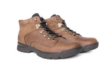 Male brown leather boot on white background, isolated product, comfortable footwear.