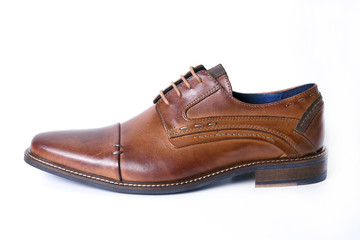 Male brown leather shoe on white background, isolated product, comfortable footwear.