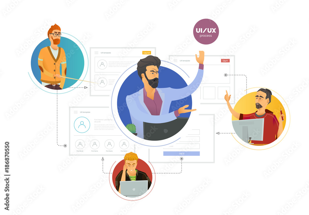 Wall mural user experience. team of specialists, web studio, in the process of creating an interface. сartoon c