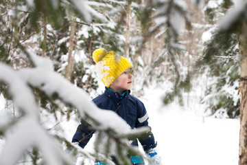Boy in yellow knit hat gazing in snow covered forest