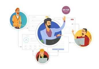 User experience. Team of specialists, web studio, in the process of creating an interface. Сartoon character. Сreation of wireframes for web interfaces. Modern vector illustration for web, print .