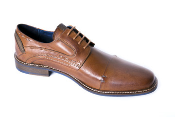 Male brown leather shoe on white background, isolated product, comfortable footwear.