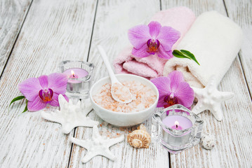 Spa concept with pink orchids