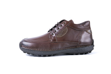 Male brown leather boot on white background, isolated product, comfortable footwear.