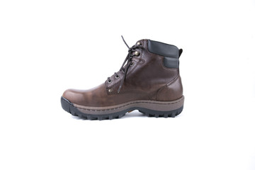 Male brown leather boot on white background, isolated product, comfortable footwear.
