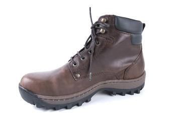 Male brown leather boot on white background, isolated product, comfortable footwear.