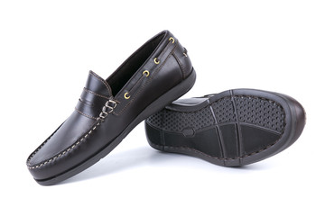 Male brown leather shoe on white background, isolated product, comfortable footwear.