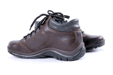 Male brown leather boot on white background, isolated product, comfortable footwear.