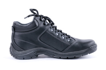 Male black leather boot on white background, isolated product, comfortable footwear.