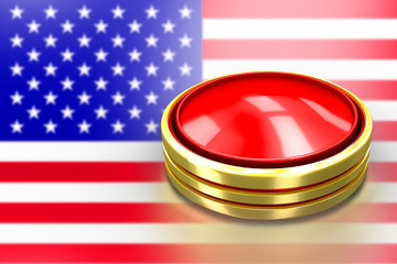 Red round button with gold border. United states of America lunch ICBM missile for nuclear bomb test 3d illustration concept. USA flag on broken crisis trump.
