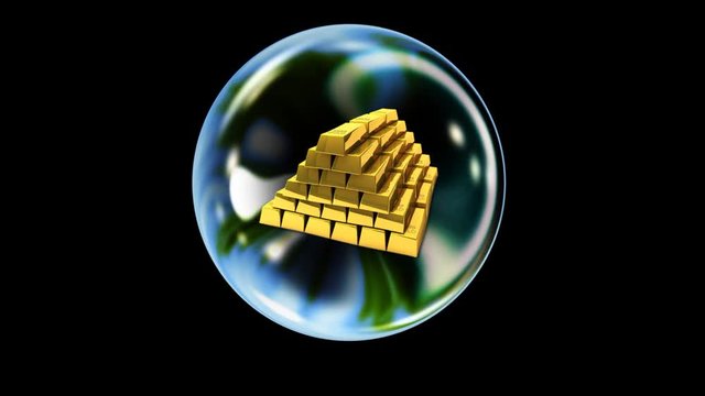 Close up of a bubble filled with gold rising into view and holding on mid screen.  It wobbles and jiggles, potentially about to burst as a harbinger of a worldwide economic precious metals collapse.