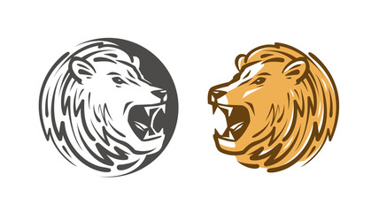Lion roars logo or label. Animal, wildlife emblem. Vector illustration