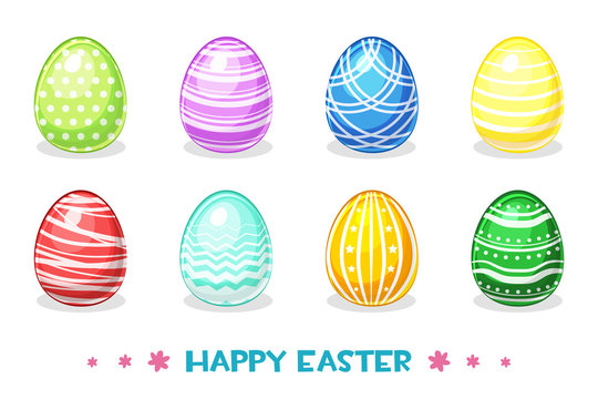 Cartoon Colored Easter eggs with different ornaments, vector Paschal object