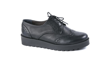 Female black leather shoe on white background, isolated product, comfortable footwear.