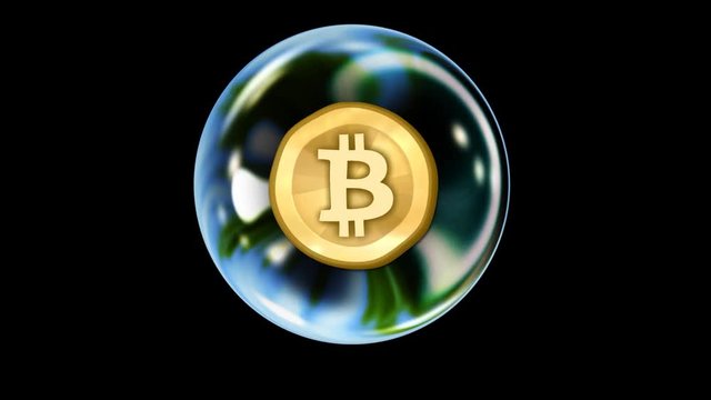Close up of a Bitcoin bubble rising into view and holding on mid screen.  It wobbles and jiggles, potentially about to burst as a harbinger of a cryptocurrency altcoin speculation bubble.