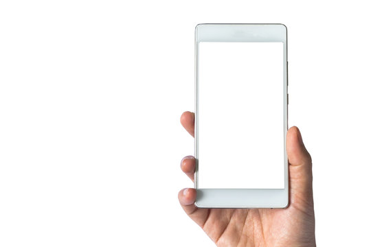 Hand  holding white phone  isolated on white screen and background.