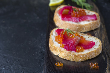ciabatta with beet Gravlax salmon with caviar