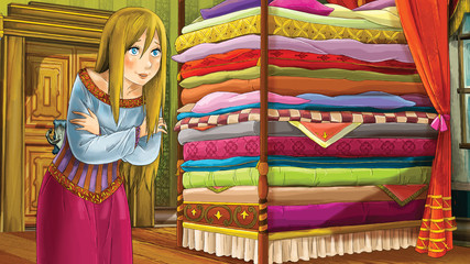 cartoon scene with young girl in medieval sleeping room in castle - illustration for children