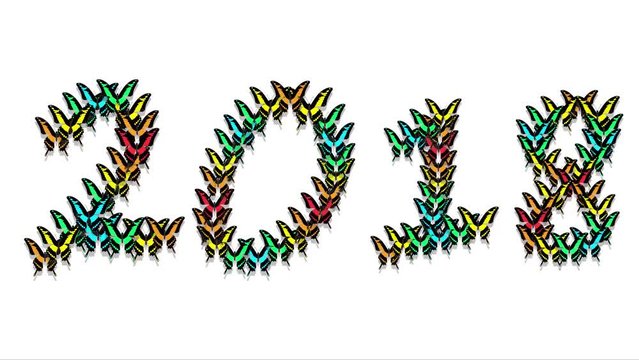 animated multicolored butterflies arrive, make up an inscription number 2018