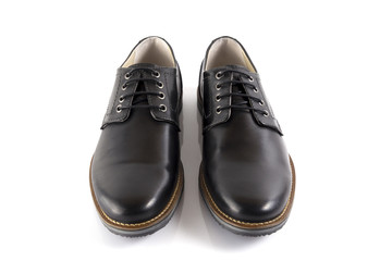 Male black leather shoe on white background, isolated product, comfortable footwear.