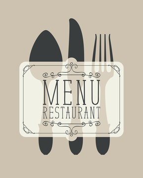Template vector restaurant menu with Cutlery and inscriptions in curly frame in retro style