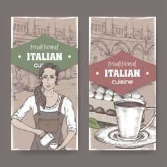 Two vintage labels with barista, Ilalian patio, coffee cup and color tiramisu.