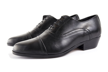 Male black leather shoe on white background, isolated product, comfortable footwear.