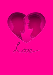 Vector illustrations of a couple. In love couple on pink background. Silhouette of people in hearts shape lettering love. Cut effect illustration for a gift card on Valentines day