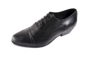 Male black leather shoe on white background, isolated product, comfortable footwear.