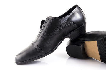Male black leather shoe on white background, isolated product, comfortable footwear.