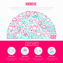 Romantic concept in half circle with thin line icons, related to dating, honeymoon, Valentine's day. Modern vector illustration, web page template about Valentine's day.
