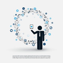 Cloud Computing and Internet of Things Design Concept with a Standing Business Man Holding a Mobile, Icons Around - Digital Network Connections, Technology Background