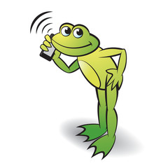 frog cartoon or mascot bending and calling with mobile phone happily vector illustration
