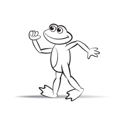 black outline happy frog cartoon or mascot walking vector illustration