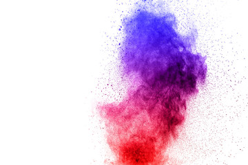 abstract blue-red dust explosion on  white background. abstract blue-red powder splattered on white  background, Freeze motion of blue-red powder exploding.