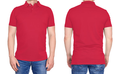 T-shirt design - young man in blank light red polo shirt from front and rear isolated