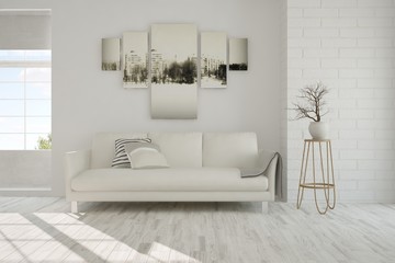 Idea of white minimalist room with sofa. Scandinavian interior design. 3D illustration