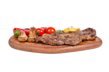 Grilled Steak Served on Wooden Plate on White