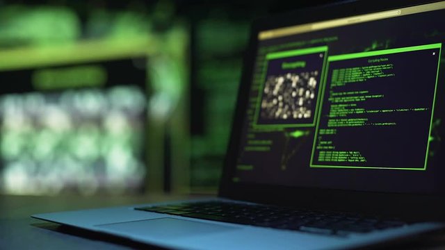 Programming scripts running on laptop monitor, server hacking process, crime