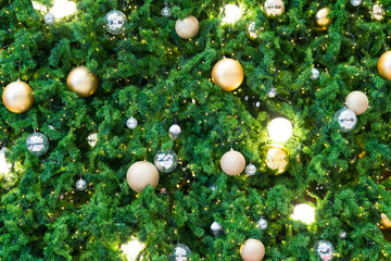 Christmas tree decorations background.
vintage Golden and silver balls hanging on green cristmas leaves - Close up shot.
