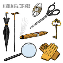 gentleman accessories. hipster or businessman, victorian era. engraved hand drawn in old vintage sketch. scissors and umbrella, walking stick, cigar and magnifier, gloves and key.