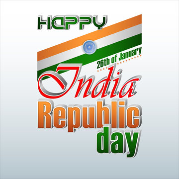 Holiday design, background with 3d texts, national flag colors and spinning wheel for 26th of January, India Republic day, celebration