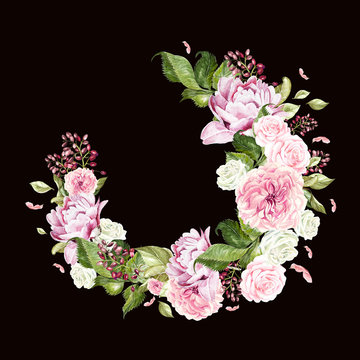 Beautiful, bright watercolor wreath with roses, peony and berry. 