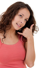 Young beautiful woman showing call sign, isolated on white