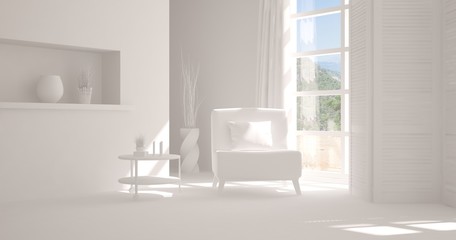 Fototapeta na wymiar White room with armchair. Scandinavian interior design. 3D illustration