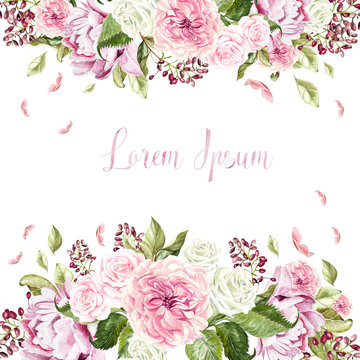 Beautiful  wedding card, invitation with roses and peony.