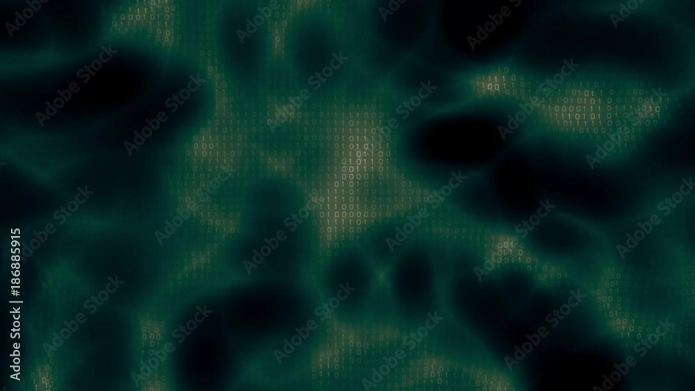 Poster binary code flow with fractal distortion waves. binary cyberspace flow of big data information. loop