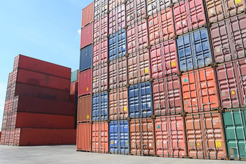 Shipping containers are staking at yard for import & export background.